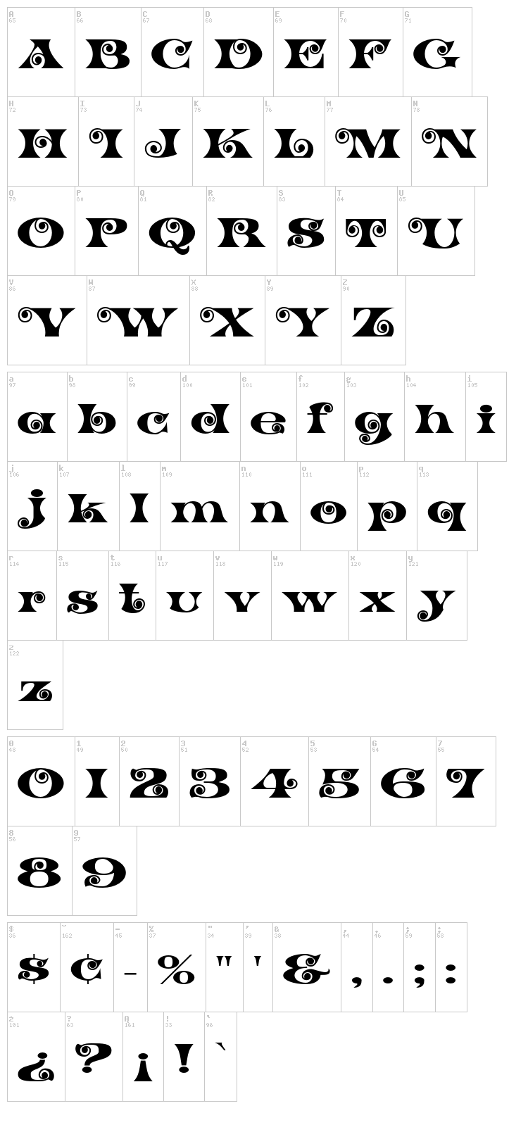 K22 Spiral Swash font map
